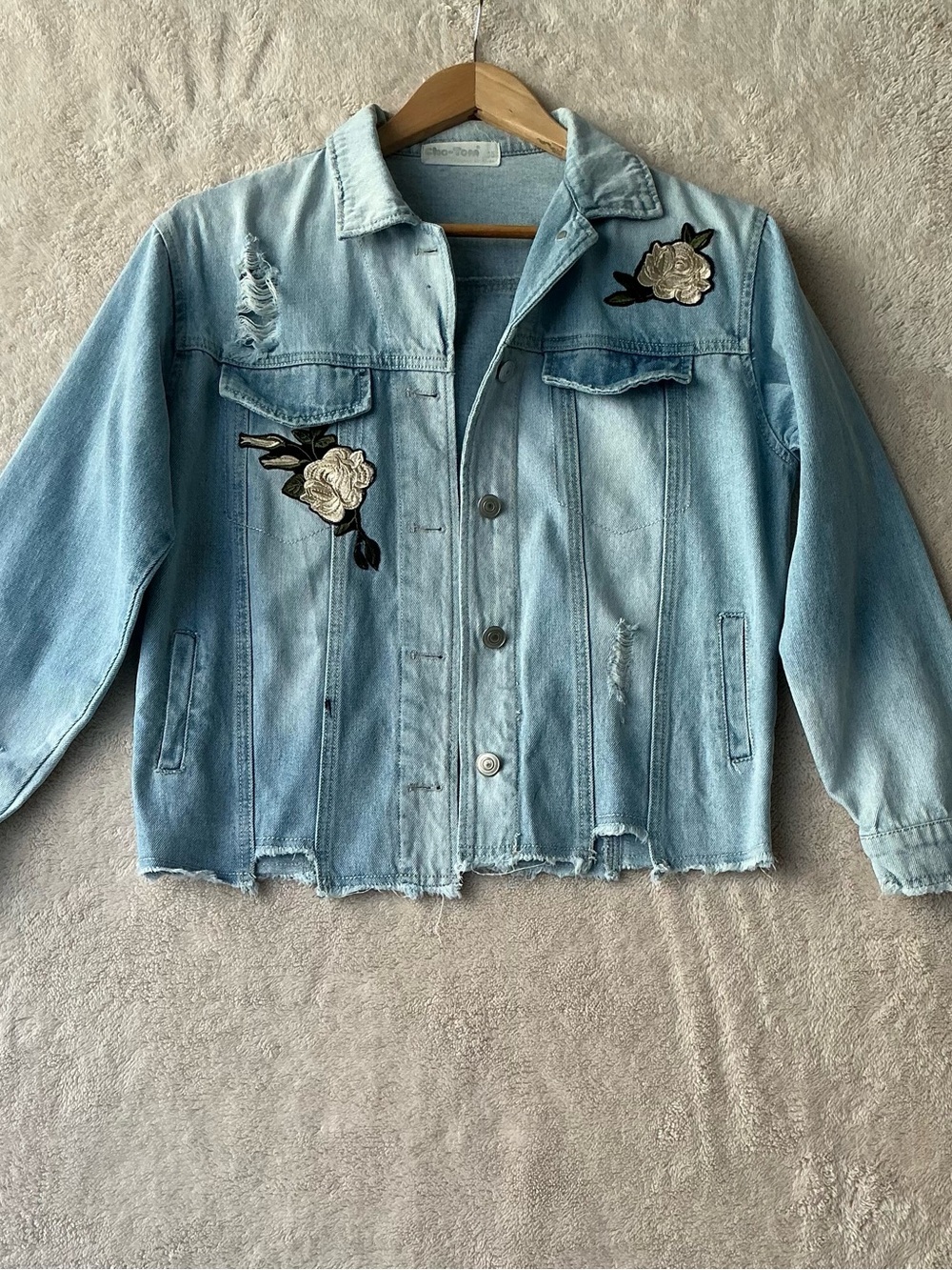 Light Wash Floral Patch Denim Jacket - Women